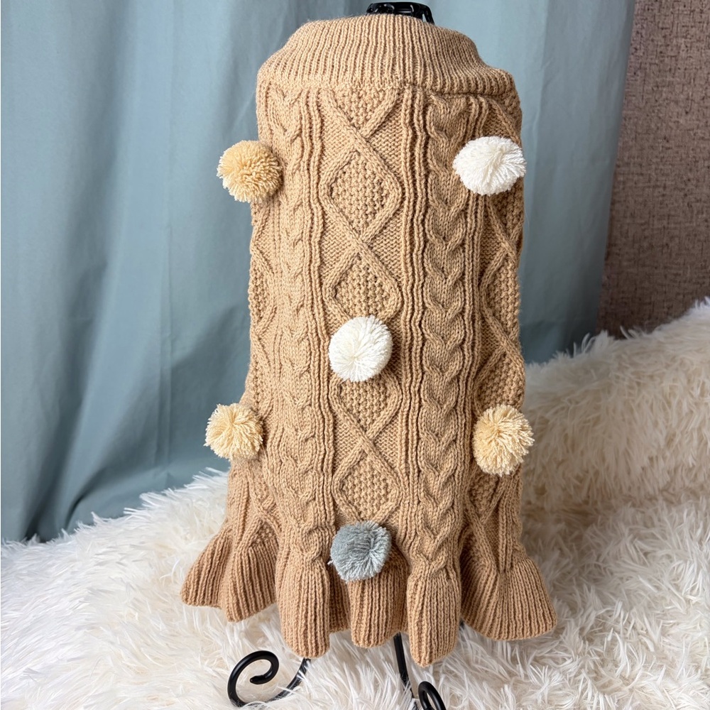 Dog Cable Knit Pom-Pom Sweater Dress - Tan